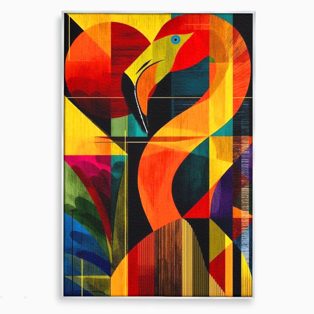 Tablou canvas cu tablou canvas cu flamingo geometric, in rama de aluminiu argintiu